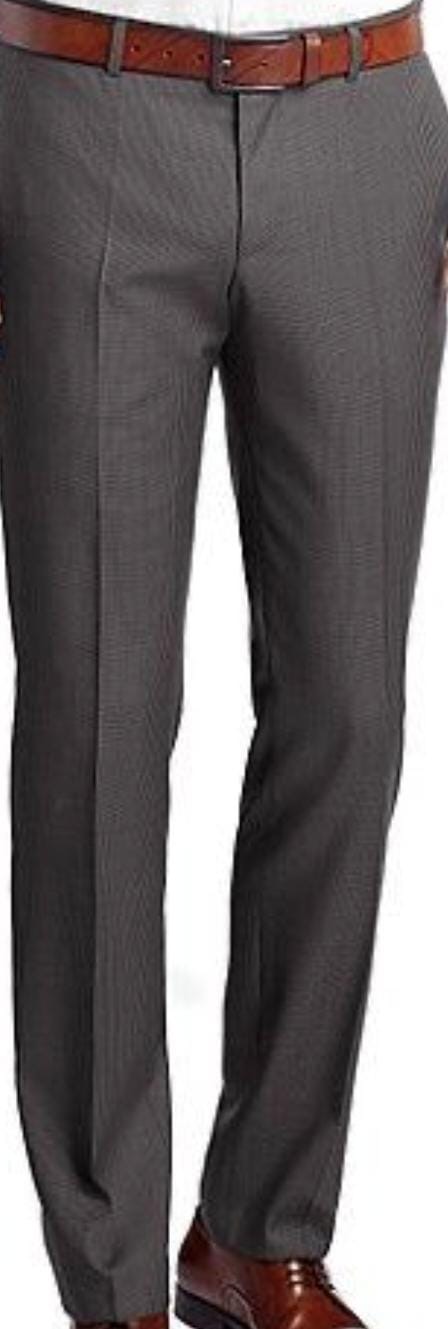 Dark grey dress pants and brown leather shoes